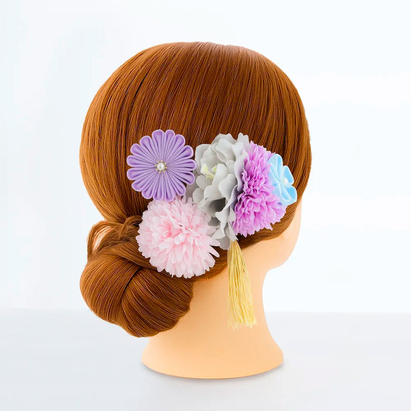 【髪飾り販売：成人式・卒業式に！ラベンダーマムとライトグレー花のタッセル付き髪飾りセット】振袖・袴用和装ヘアアクセサリー/hair-031