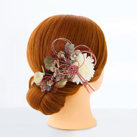 【髪飾り販売：成人式・卒業式に！赤水引とゴールドリーフの和モダン髪飾り2点セット】振袖・袴用和装ヘアアクセサリー/hair-032