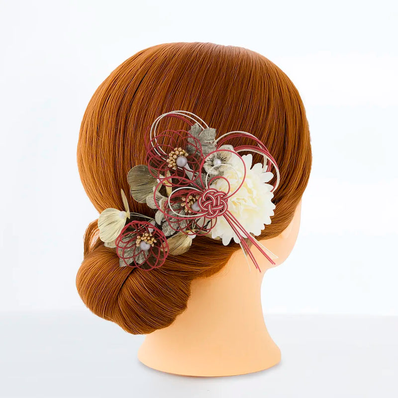 【髪飾り販売：成人式・卒業式に！赤水引とゴールドリーフの和モダン髪飾り2点セット】振袖・袴用和装ヘアアクセサリー/hair-032