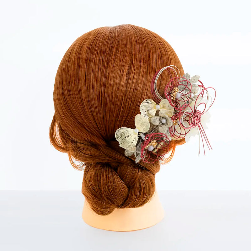 【髪飾り販売：成人式・卒業式に！赤水引とゴールドリーフの和モダン髪飾り2点セット】振袖・袴用和装ヘアアクセサリー/hair-032