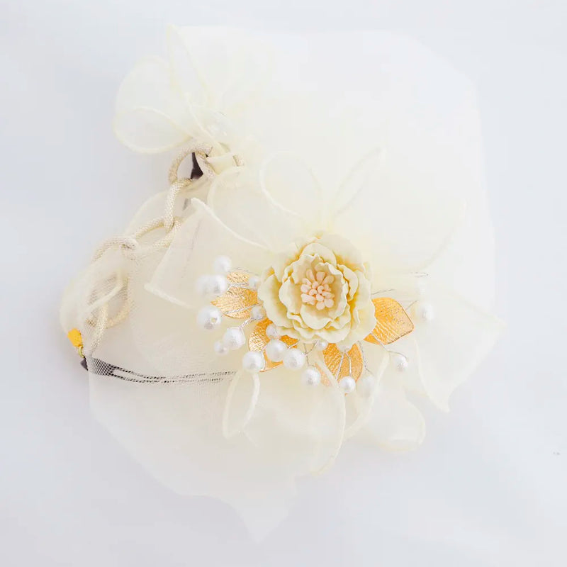 【髪飾り販売：成人式・卒業式に！アイボリーフラワーとチュールリボンのロング髪飾り】振袖・袴用和装ヘアアクセサリー/hair-033