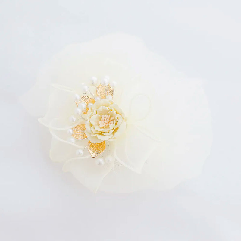 【髪飾り販売：成人式・卒業式に！アイボリーフラワーとチュールリボンのロング髪飾り】振袖・袴用和装ヘアアクセサリー/hair-033