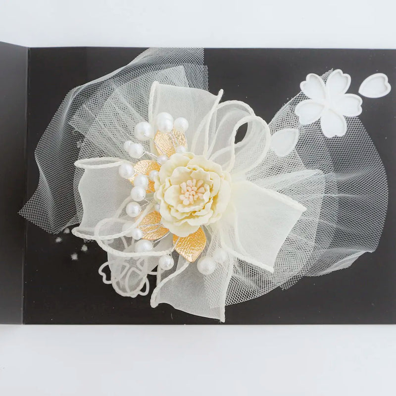 【髪飾り販売：成人式・卒業式に！アイボリーフラワーとチュールリボンのロング髪飾り】振袖・袴用和装ヘアアクセサリー/hair-033