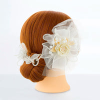 【髪飾り販売：成人式・卒業式に！アイボリーフラワーとチュールリボンのロング髪飾り】振袖・袴用和装ヘアアクセサリー/hair-033