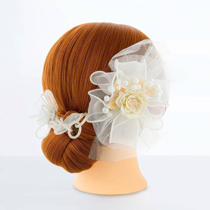 【髪飾り販売：成人式・卒業式に！アイボリーフラワーとチュールリボンのロング髪飾り】振袖・袴用和装ヘアアクセサリー/hair-033