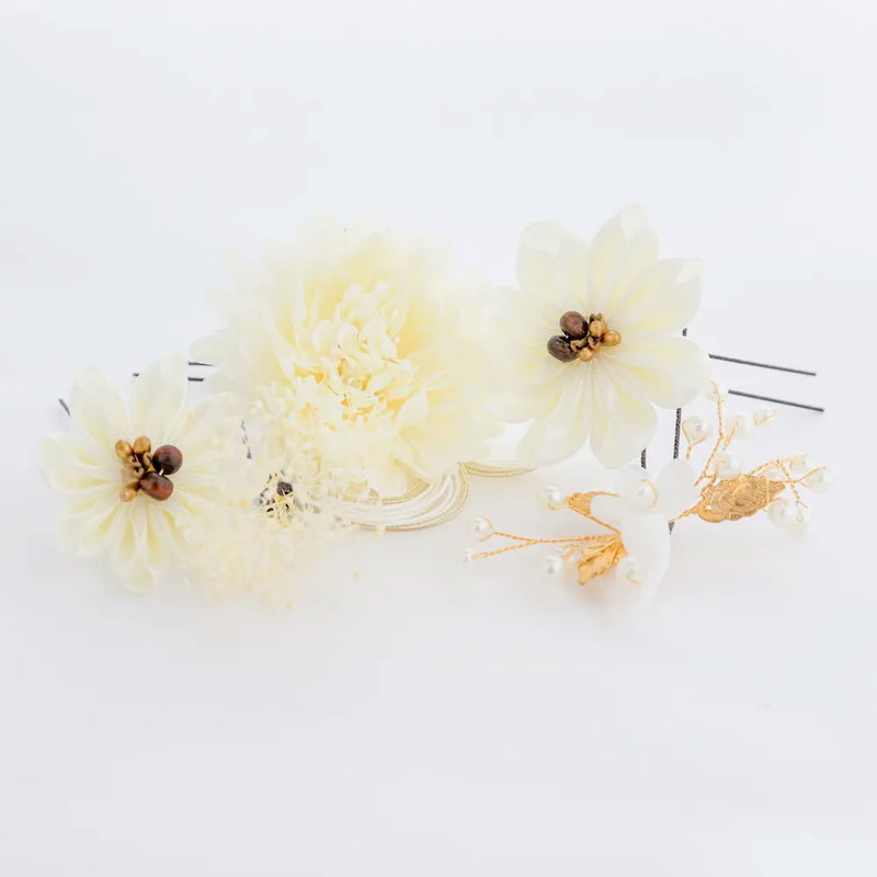 【髪飾り販売：成人式・卒業式に！アイボリーフラワーとゴールドパーツの髪飾り6点セット】振袖・袴用和装ヘアアクセサリー/hair-034