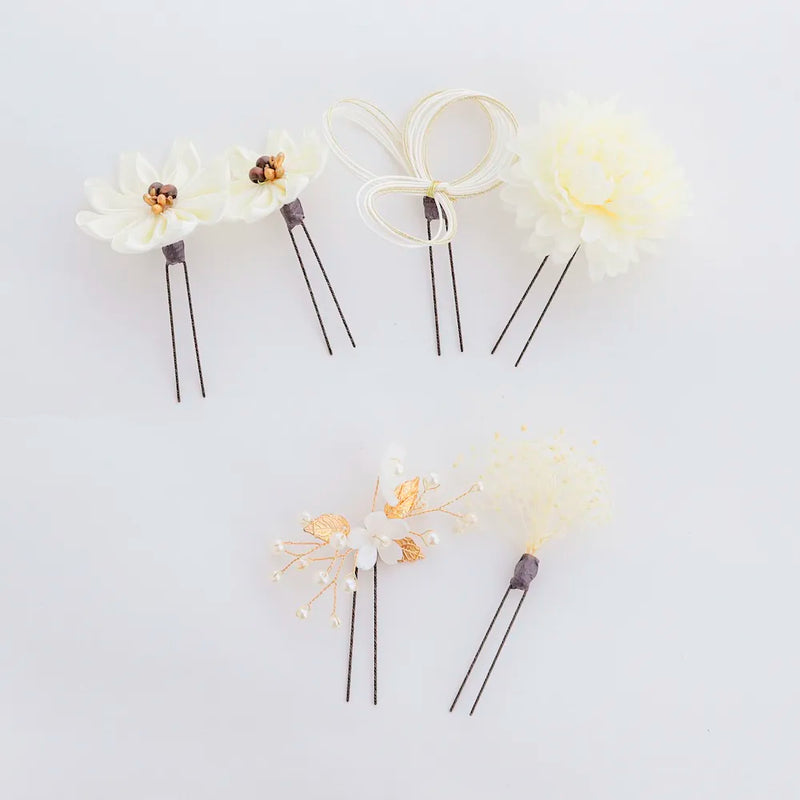 【髪飾り販売：成人式・卒業式に！アイボリーフラワーとゴールドパーツの髪飾り6点セット】振袖・袴用和装ヘアアクセサリー/hair-034