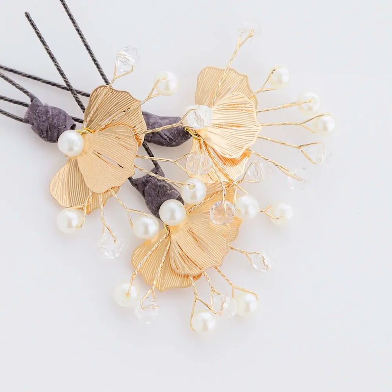 【髪飾り販売：成人式・卒業式に！ゴールドパールのフラワーUピン3本セッ】振袖・袴用和装ヘアアクセサリー/hair-036