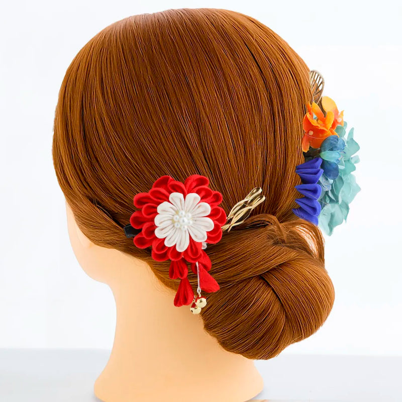 【髪飾り販売：成人式・卒業式に！パステルマムとイエローつまみフラワーのタッセル付き髪飾りセット】振袖・袴用和装ヘアアクセサリー/hair-115