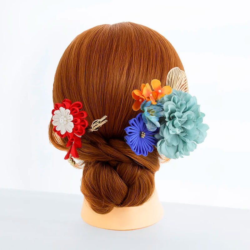 【髪飾り販売：成人式・卒業式に！パステルマムとイエローつまみフラワーのタッセル付き髪飾りセット】振袖・袴用和装ヘアアクセサリー/hair-115