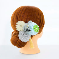 【髪飾り販売：成人式・卒業式に！パステルマムとイエローつまみフラワーのタッセル付き髪飾りセット】振袖・袴用和装ヘアアクセサリー/hair-118