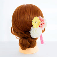 【髪飾り販売：成人式・卒業式に！パステルマムとイエローつまみフラワーのタッセル付き髪飾りセット】振袖・袴用和装ヘアアクセサリー/hair-119
