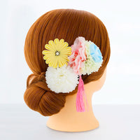 【髪飾り販売：成人式・卒業式に！パステルマムとイエローつまみフラワーのタッセル付き髪飾りセット】振袖・袴用和装ヘアアクセサリー/hair-119