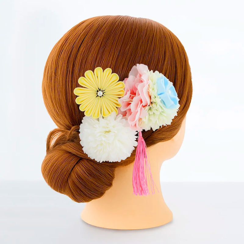 【髪飾り販売：成人式・卒業式に！パステルマムとイエローつまみフラワーのタッセル付き髪飾りセット】振袖・袴用和装ヘアアクセサリー/hair-119