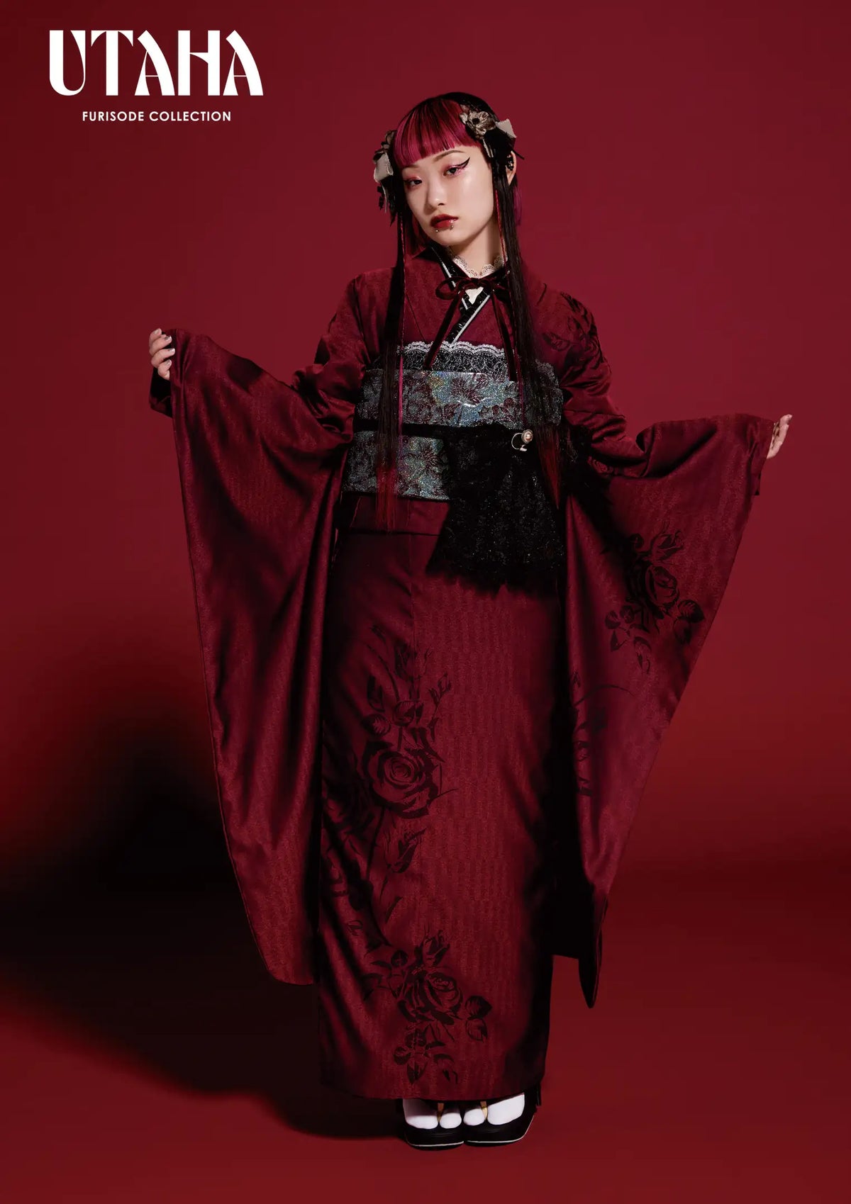 赤×黒 ゴシック振袖 振袖フルセット m44 パールベルベッドリボン 成人 赤×黒 ゴシック振袖 振袖フルセット m44 パールベルベッドリボン 成人