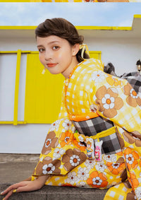 【振袖ネットレンタル：イエローチェック】昭和レトロなデザイン/KH-566