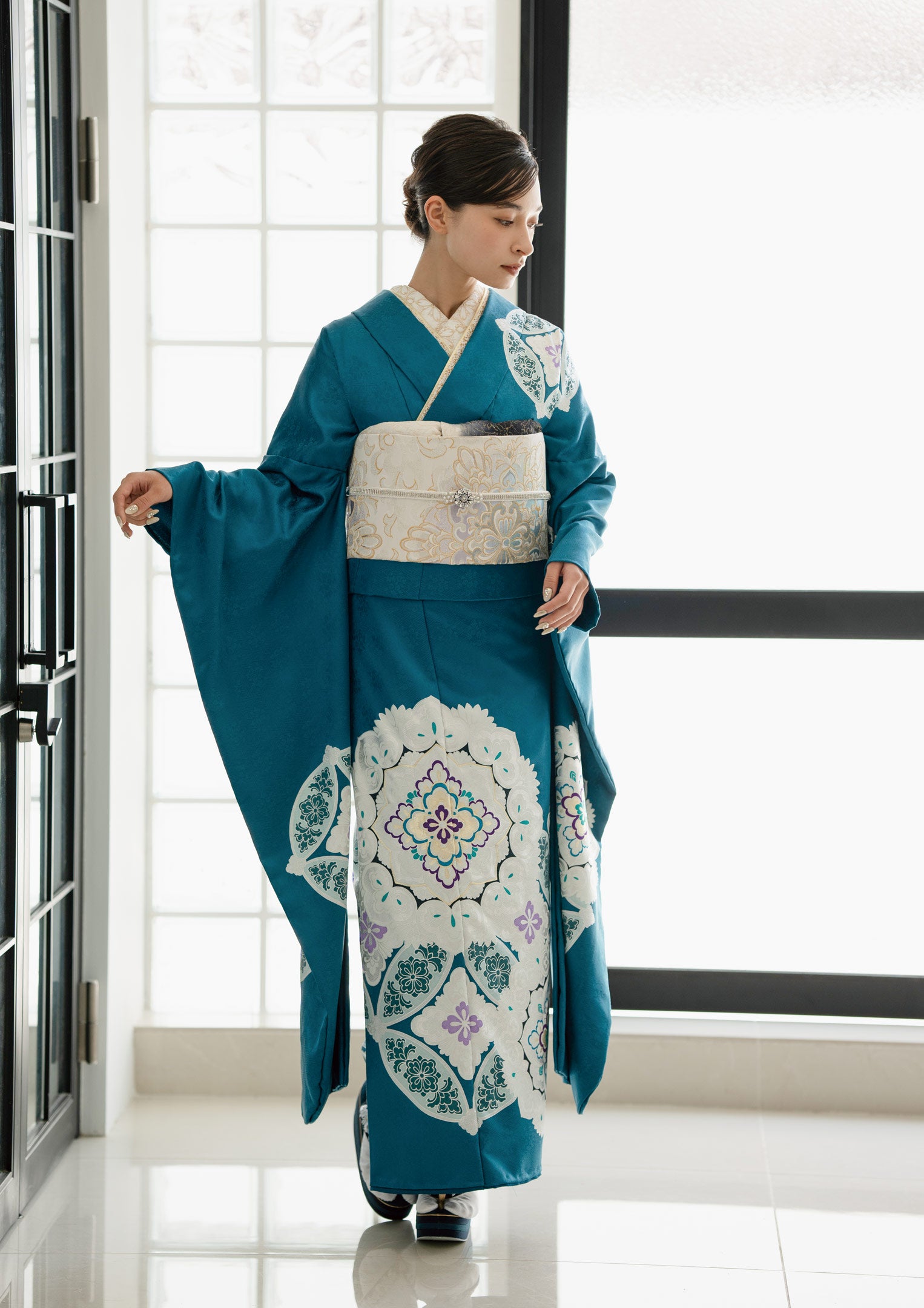 振袖ネットレンタル：青と結晶】白の模様が雪の華のよう/KH-478 – kimono-hearts-onlinestore