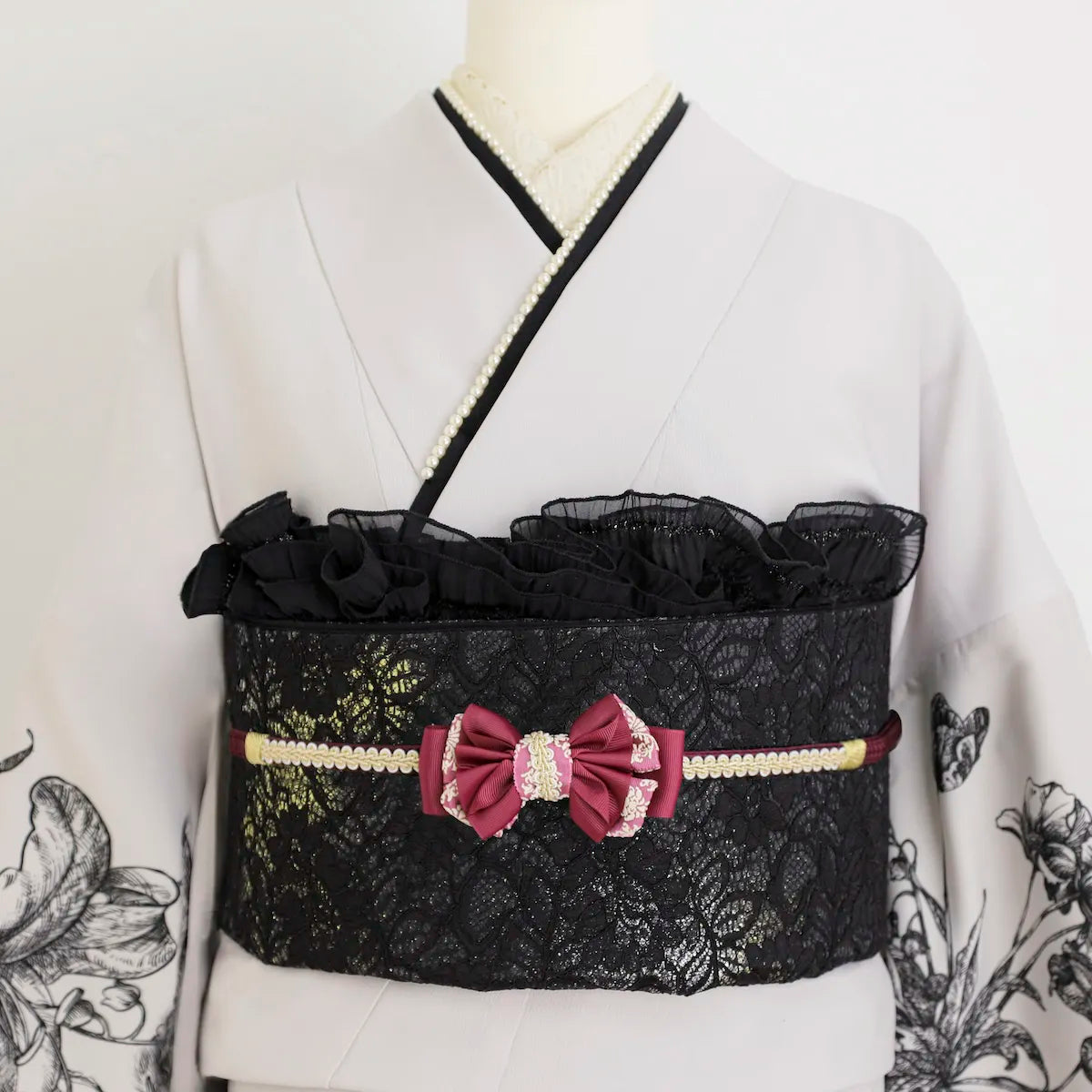 【帯締め販売】成人式ワインレッド×レースリボンの飾り帯締め｜振袖用ゴシックリボン和装小物