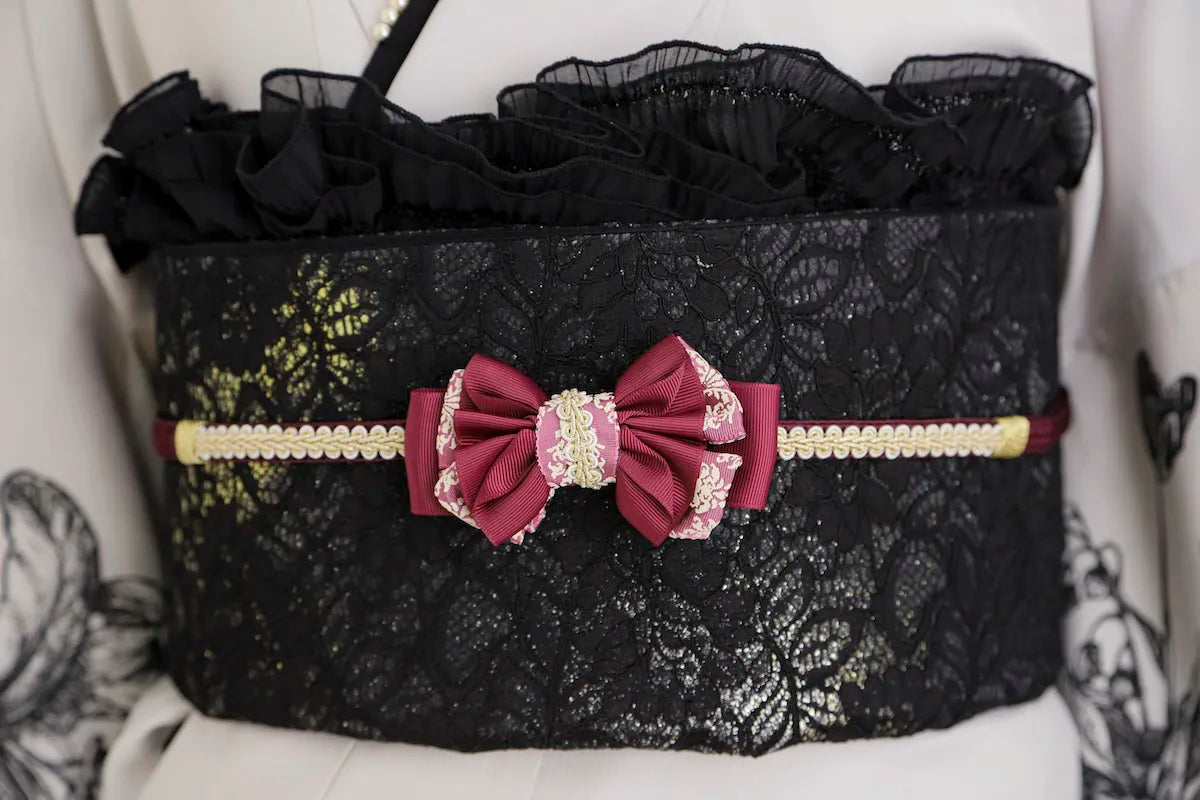 【帯締め販売】成人式ワインレッド×レースリボンの飾り帯締め｜振袖用ゴシックリボン和装小物