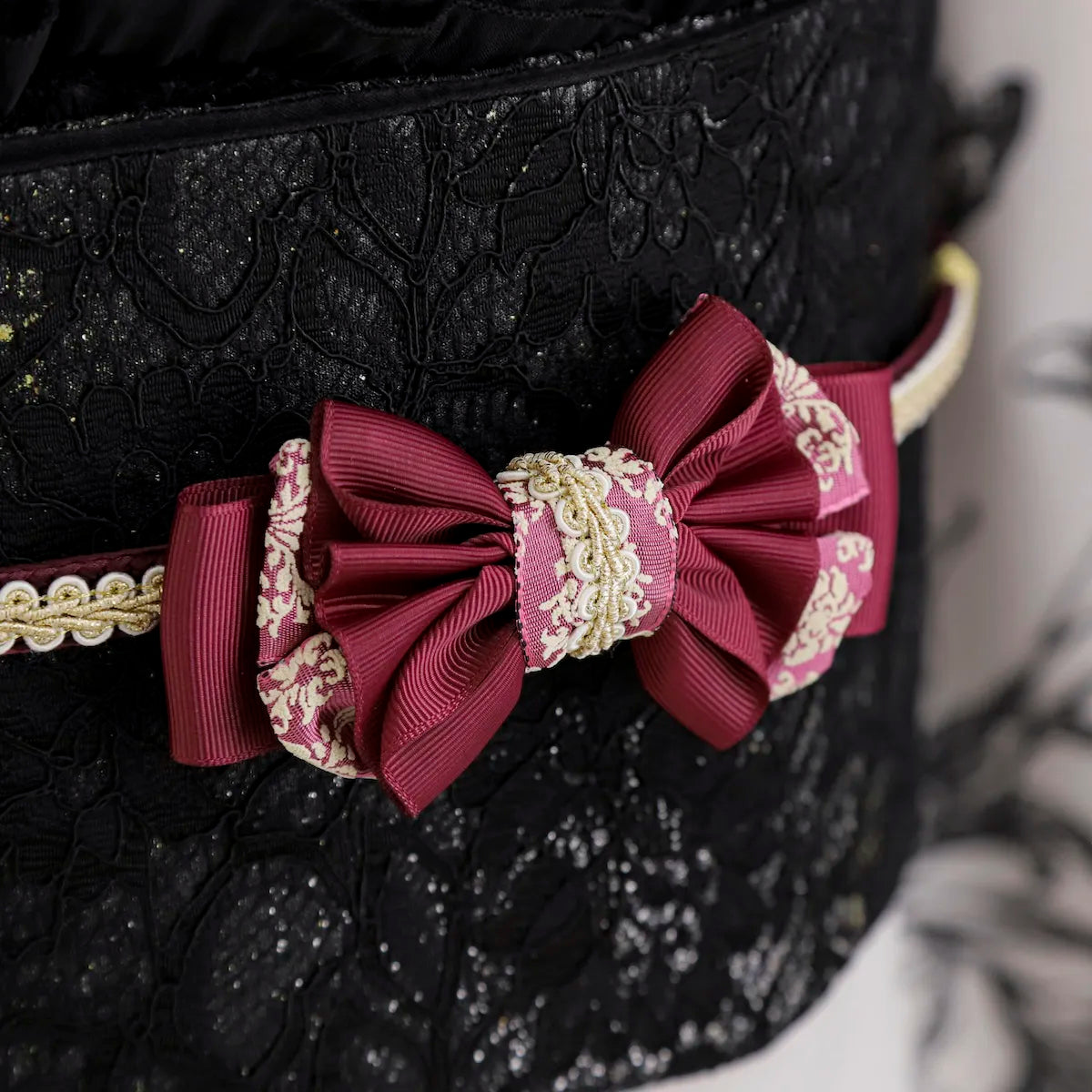 【帯締め販売】成人式ワインレッド×レースリボンの飾り帯締め｜振袖用ゴシックリボン和装小物