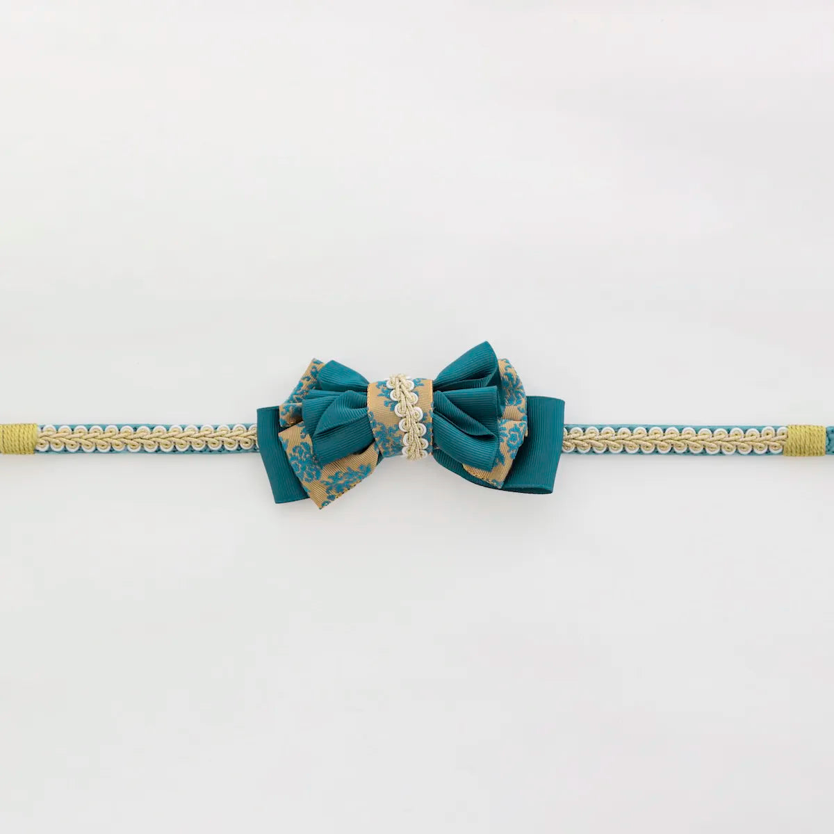 【帯締め販売】成人式 青緑×ゴールドレースリボンの飾り帯締め｜振袖用ゴシックリボン和装小物