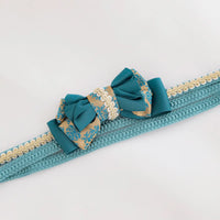 【帯締め販売】成人式 青緑×ゴールドレースリボンの飾り帯締め｜振袖用ゴシックリボン和装小物