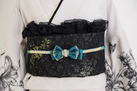 【帯締め販売】成人式 青緑×ゴールドレースリボンの飾り帯締め｜振袖用ゴシックリボン和装小物