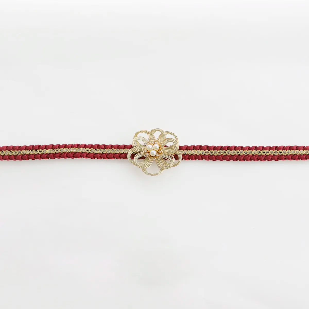【帯締め販売】成人式 ボルドー×ゴールド水引フラワーの飾り帯締め｜振袖用パール付き和装小物