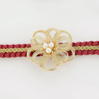 【帯締め販売】成人式 ボルドー×ゴールド水引フラワーの飾り帯締め｜振袖用パール付き和装小物