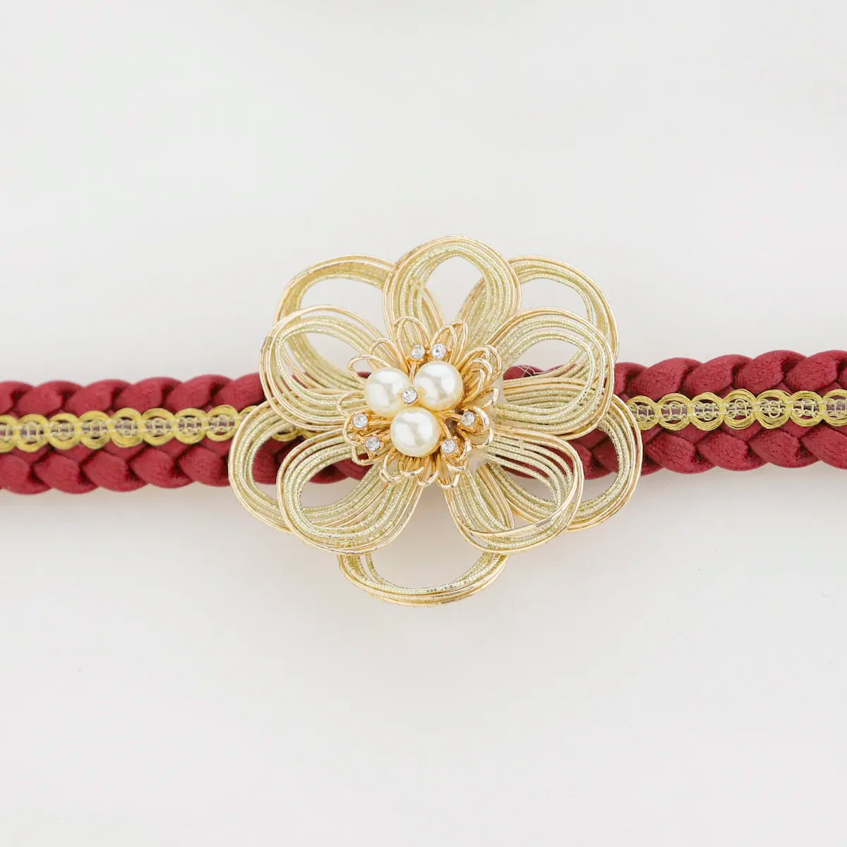 【帯締め販売】成人式 ボルドー×ゴールド水引フラワーの飾り帯締め｜振袖用パール付き和装小物