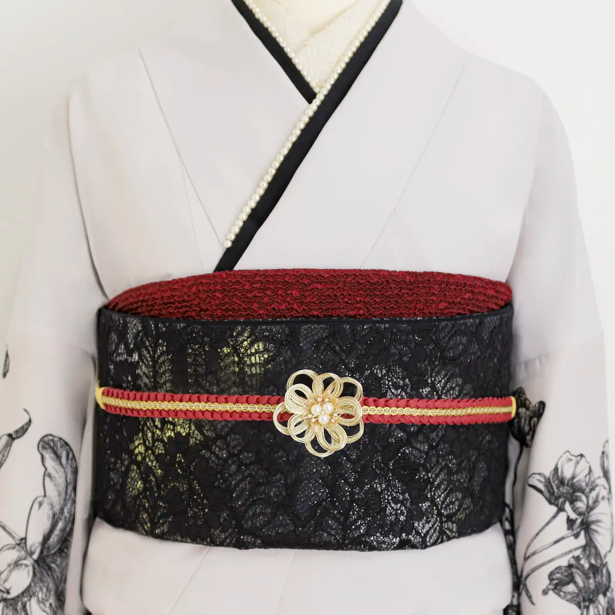 【帯締め販売】成人式 ボルドー×ゴールド水引フラワーの飾り帯締め｜振袖用パール付き和装小物