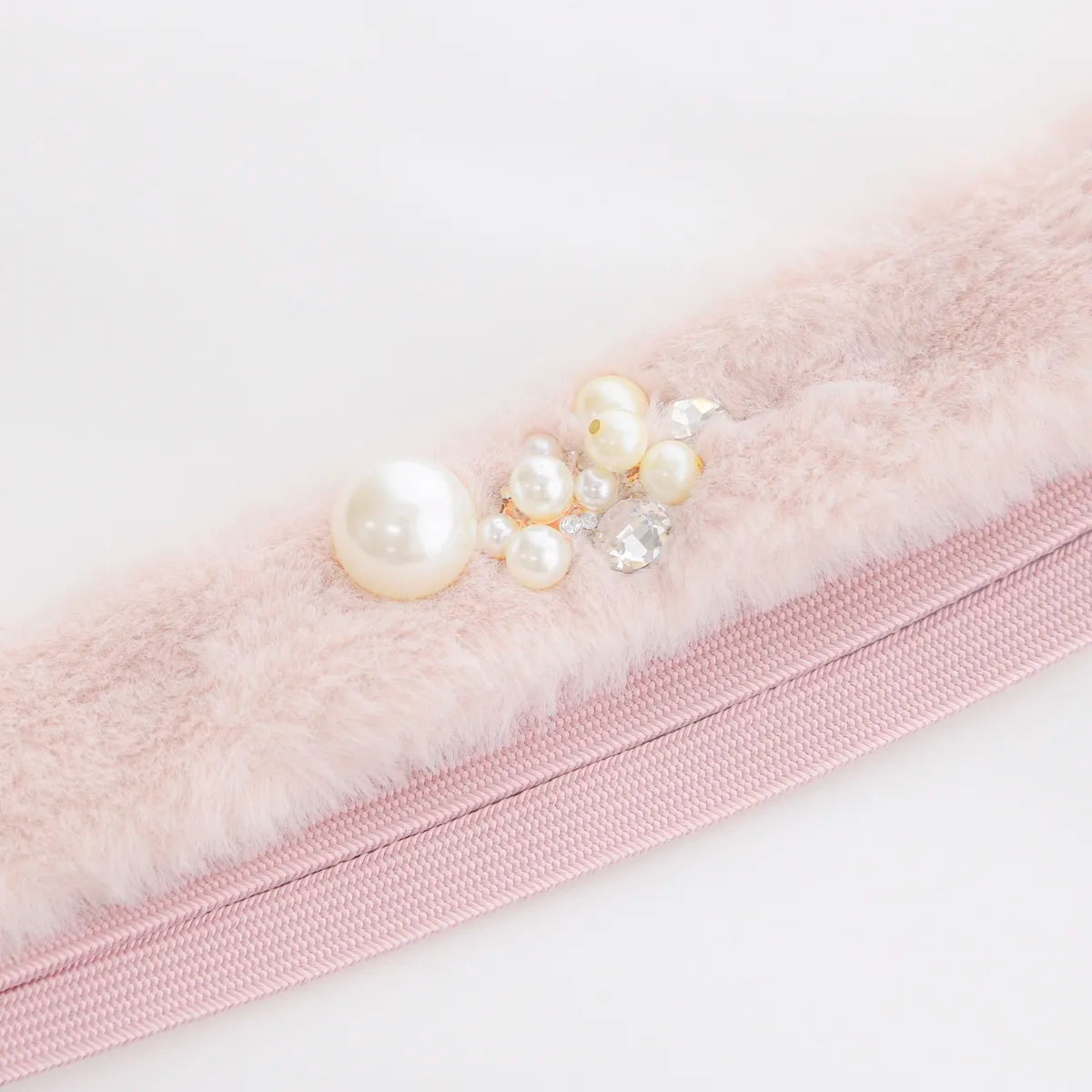 【帯締め販売】成人式 くすみピンクファーとパールビジューの飾り帯締め｜振袖用冬コーデ和装小物