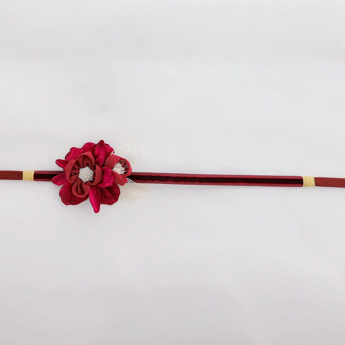 【帯締め販売】成人式 ボルドーフラワー×ベロアリボンの飾り帯締め｜振袖用ローズベルベット和装小物