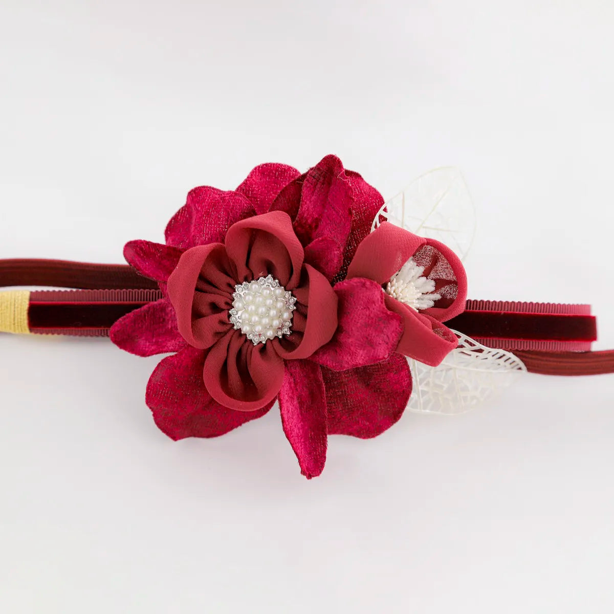 【帯締め販売】成人式 ボルドーフラワー×ベロアリボンの飾り帯締め｜振袖用ローズベルベット和装小物