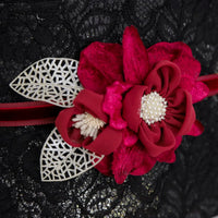 【帯締め販売】成人式 ボルドーフラワー×ベロアリボンの飾り帯締め｜振袖用ローズベルベット和装小物