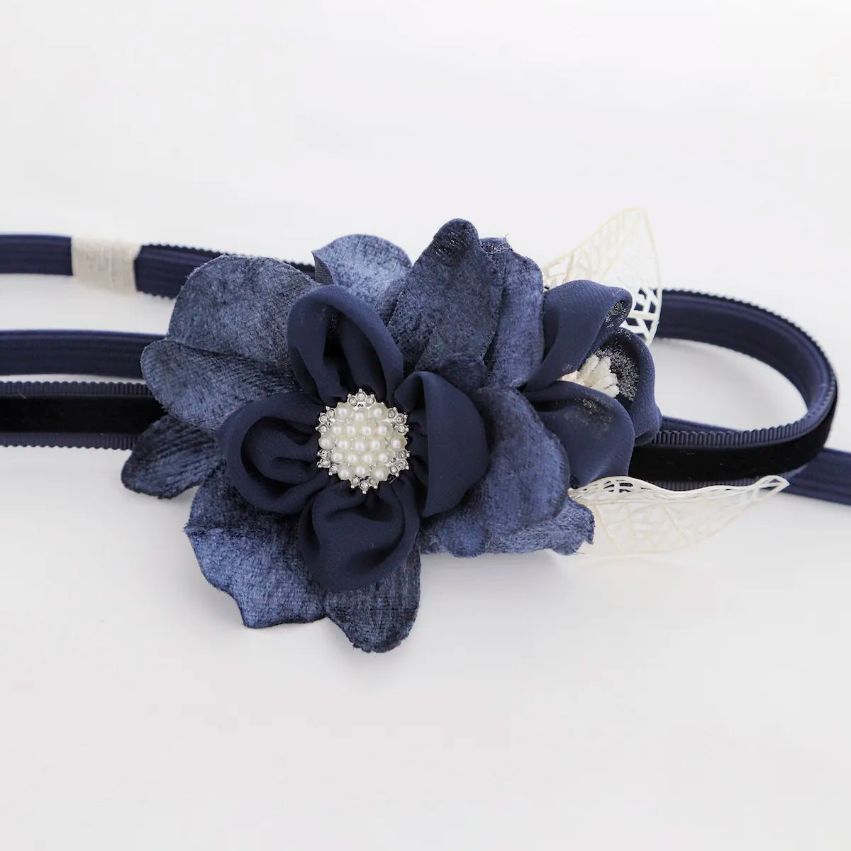 【帯締め販売】成人式 ネイビー花×ベロアリボンの飾り帯締め｜振袖用ローズベルベット和装小物
