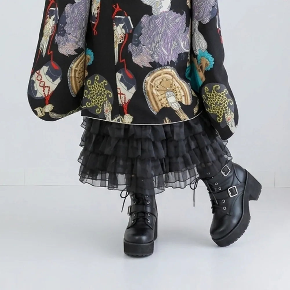 【裾よけ販売：振袖インナースカート】4段オーガンジーフリル：黒
