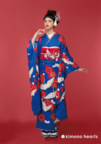 【振袖レンタル：青に赤の梅】鶴のデザインがめでたい成人式にぴったりな和モダンコーデ – kimono-hearts-onlinestore