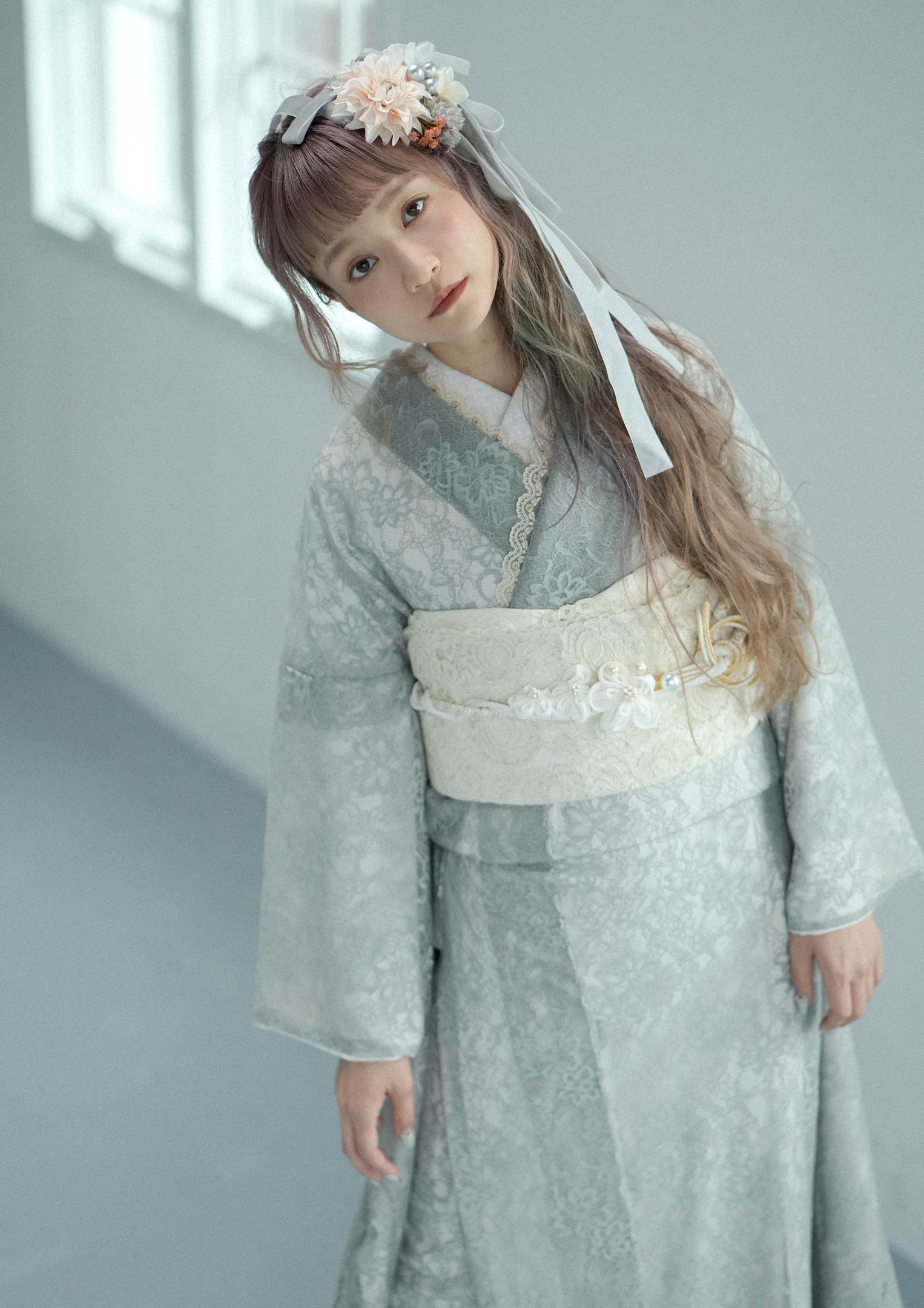 chimaki 総レース　エプロン　手染め　生成り　チマキ 振袖ネットレンタル：くすみグリーン】レースがフェミニン/KH-363