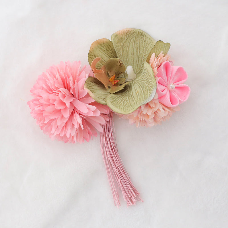 【髪飾り：緑の胡蝶蘭とピンクの花でナチュラルに彩る】hair-41ブロッサムピンク