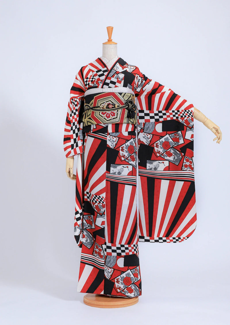 振袖ネットレンタル:赤黒花札】織り交ぜられたストライプが前衛的/KH 振袖ネットレンタル:赤黒花札】織り交ぜられたストライプが前衛的/KH