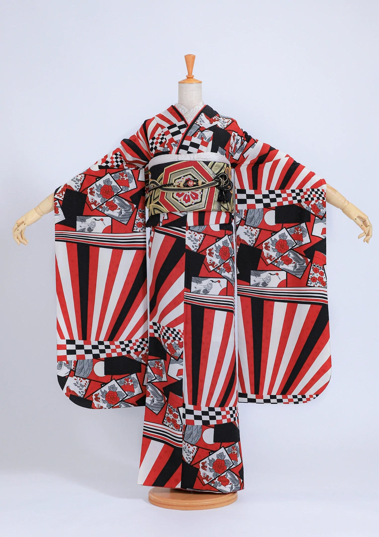 振袖ネットレンタル:赤黒花札】織り交ぜられたストライプが前衛的/KH 振袖ネットレンタル:赤黒花札】織り交ぜられたストライプが前衛的/KH