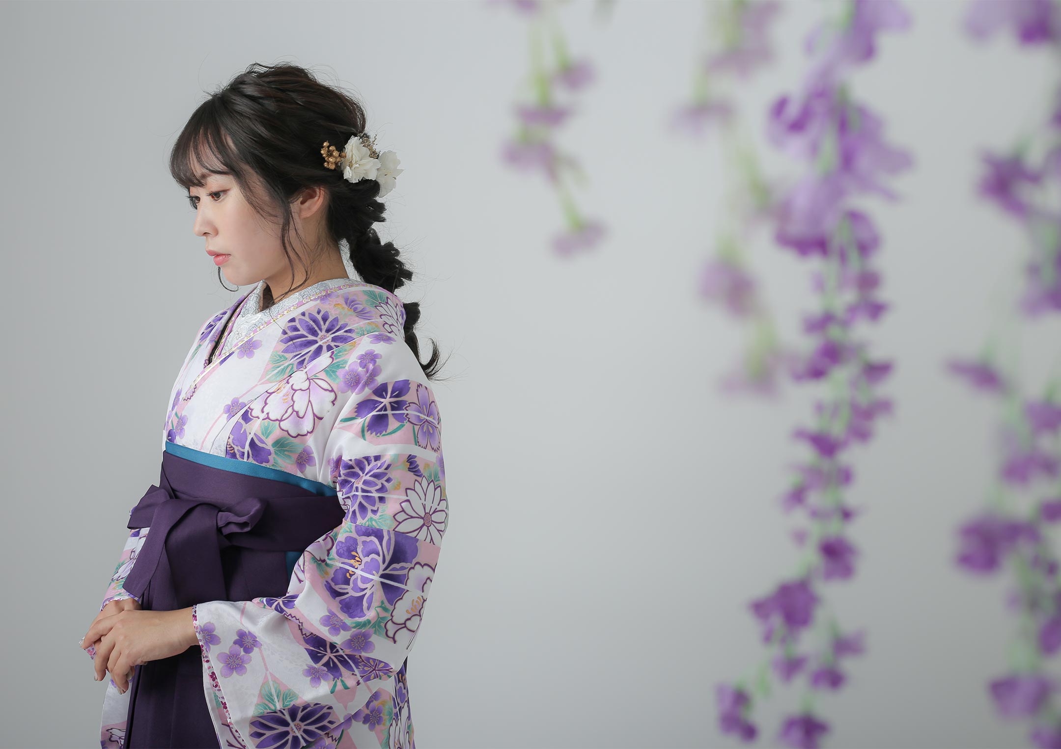 袴ネットレンタル：白地に紫の花】儚げな雰囲気がおしゃれ/HA-02