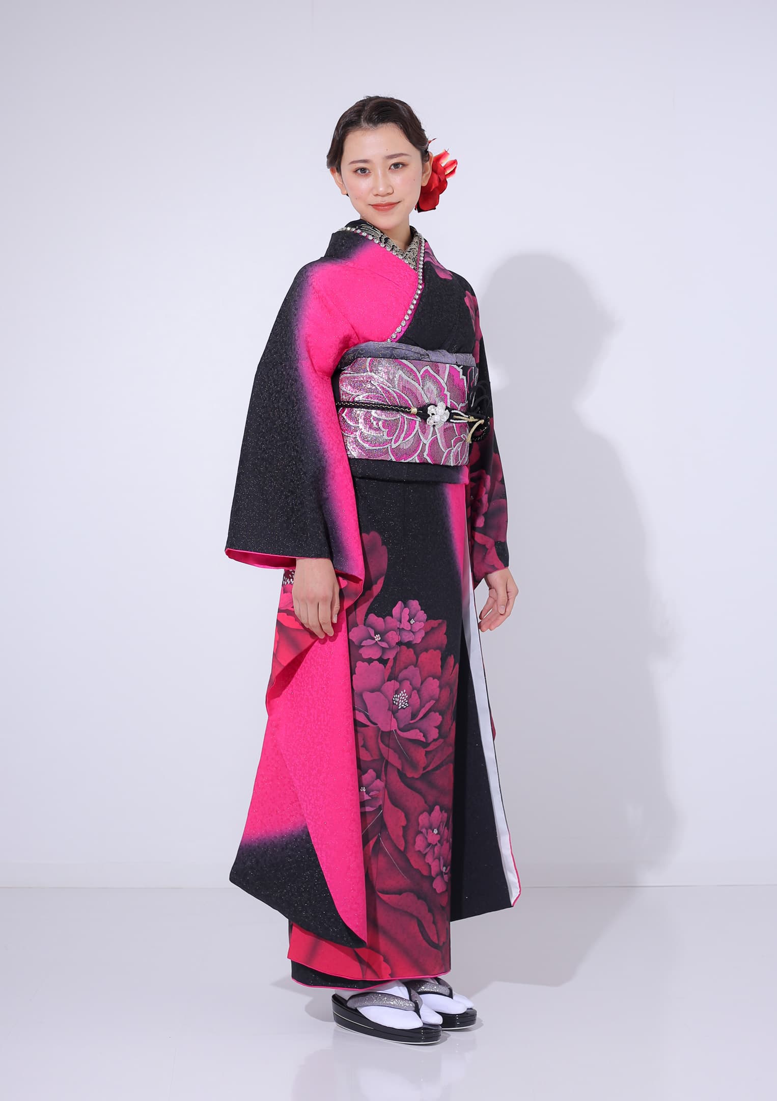 振袖ネットレンタル：グラマラス】ピンクブラック/C-004 – kimono