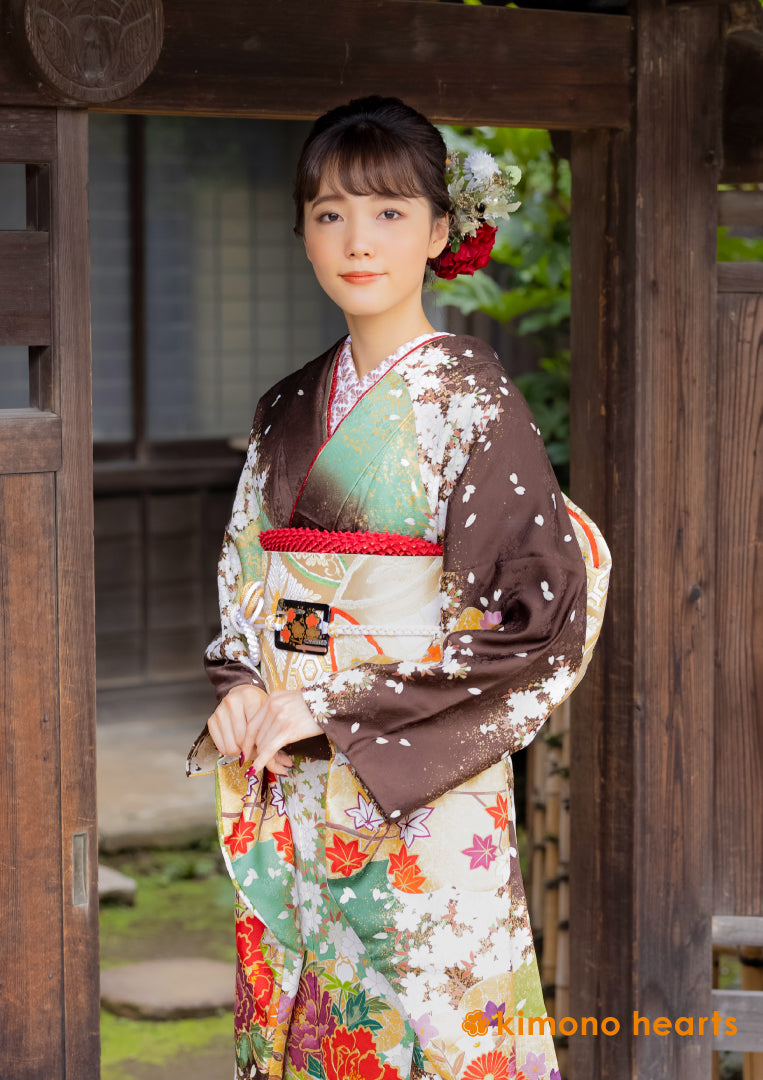 振袖ネットレンタル：焦茶と緑】大人な古典柄/KH-378 – kimono